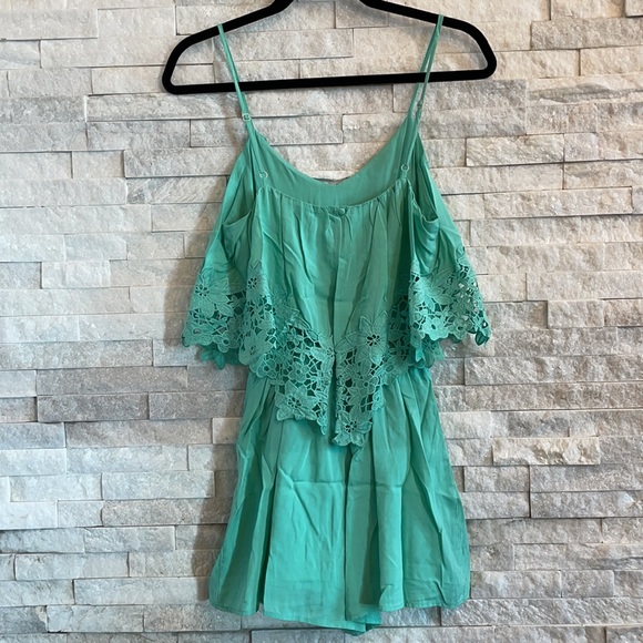 Mint / Turquoise Layered Romper with Crochet Lace Trim - Picture 3 of 4